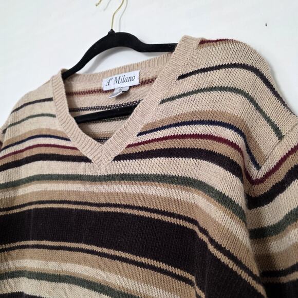Vtg Striped Vneck Sweater Womens M Brown Wool Blend 70s Bohemian Neutral Minimal - Picture 5 of 9